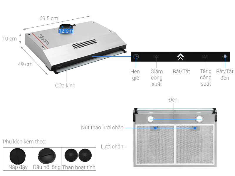 Cấu tạo và kích thước máy hút mùi Hafele HC-BI70B