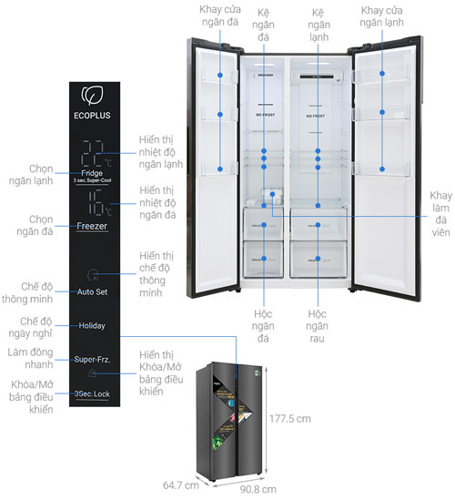 Cấu tạo của tủ lạnh side by side AQUA Inverter AQR-S541XA (BL)