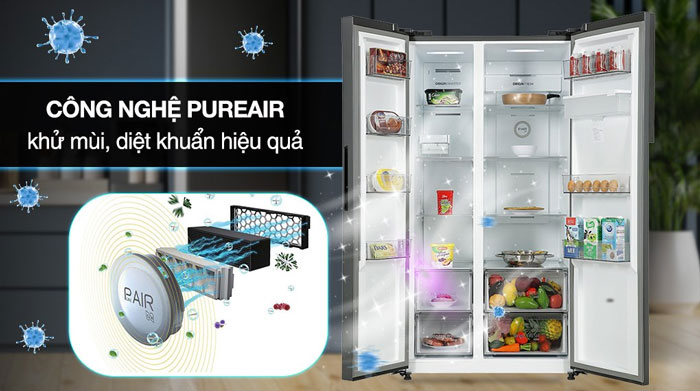 tủ lạnh side by side Toshiba GR-RS775WI-PMV(06)-MG tích hợp công nghệ Pureair giúp kháng khuẩn, khử mùi hiệu quả