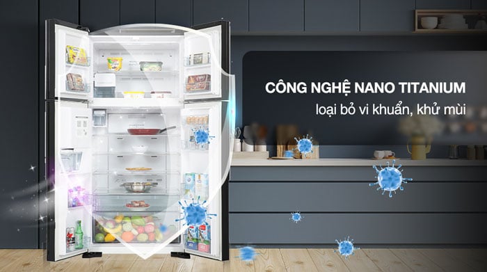 Ngăn rau củ của tủ lạnh 4 cánh R-FW690PGV7X (GBK) có màng lọc Nano Titanium tiện ích