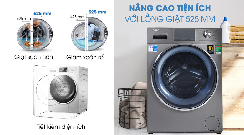 Lồng giặt của máy giặt Aqua AQD-DD1050E.S có đường kính lên đến 525mm giúp giặt sạch dễ dàng hơn.