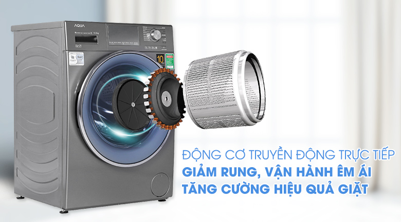 Máy giặt cửa trước AQD-DD1050E.S sở hữu động cơ truyền động trực tiếp hạn chế rung lắc và tiếng ồn khó chịu, tiết kiệm điện tối ưu