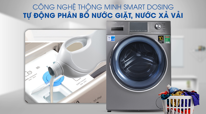 Máy giặt Aqua có bgăn chứa hóa chất giặt xả ứng dụng công nghệ Smart Dosing 