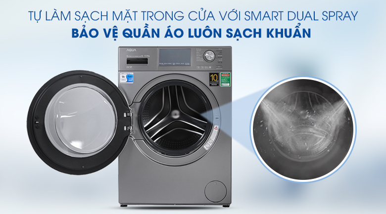 Máy giặt Aqua còn tích hợp công nghệ Smart Dual Spray làm sạch mặt trong cửa máy giặt