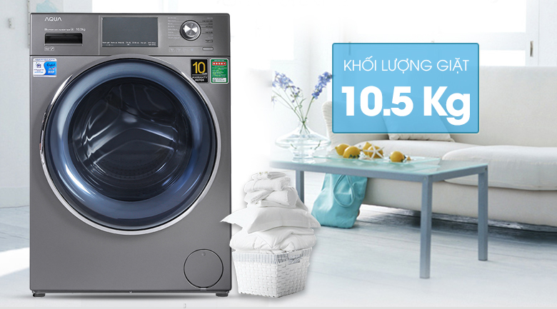 Máy giặt cửa trước Aqua AQD-DD1050E.S có khối lượng giặt 10,5kg, phù hợp cho các gia đình có từ 5 - 7 thành viên