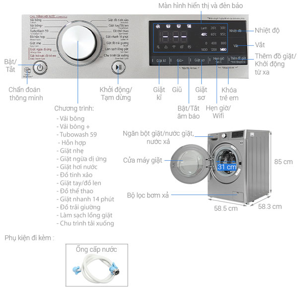 Cấu tạo của máy giặt LG Inverter 11kg FV1411S4P