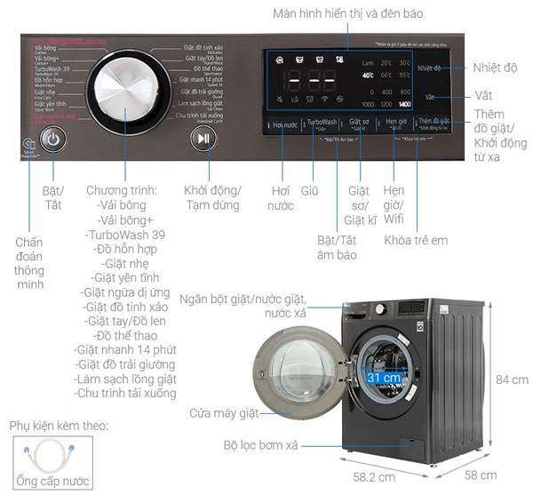 Cấu tạo của máy giặt LG Inverter 11kg FV1411S3B