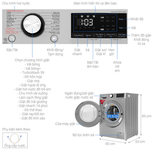 Cấu tạo của máy giặt cửa trước LG FV1409S2V 9kg