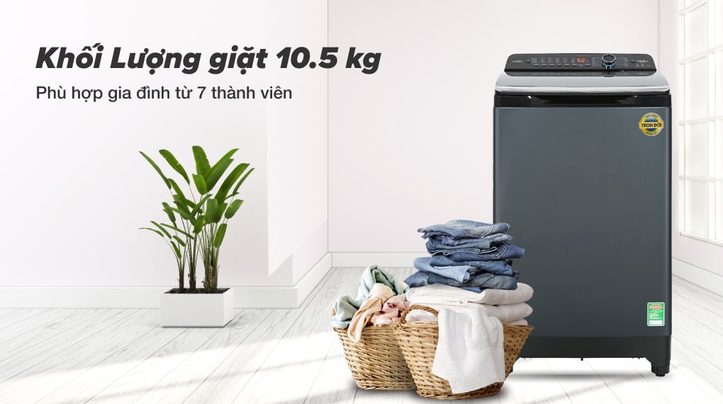 Khối lượng giặt của máy giặt Aqua AQW-DR105JT BK là 10,5kg đáp ứng nhu cầu cho 7 người trở lên