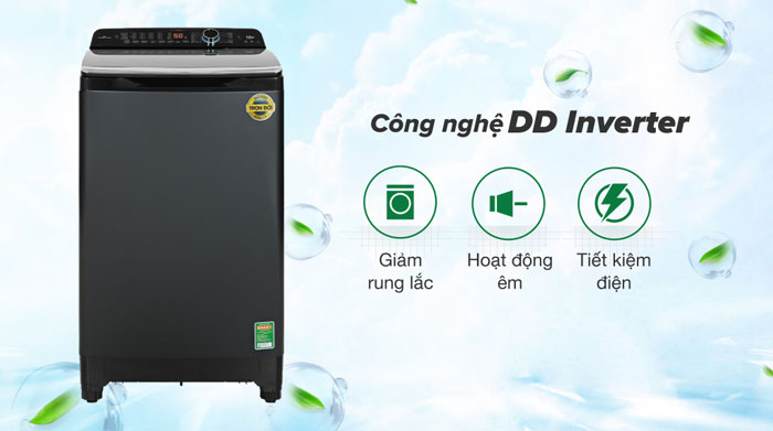 Máy giặt AQW-DR120HT.BK của AQUA được tích hợp động cơ truyền động trực tiếp không dây curoa cùng công nghệ DD Inverter