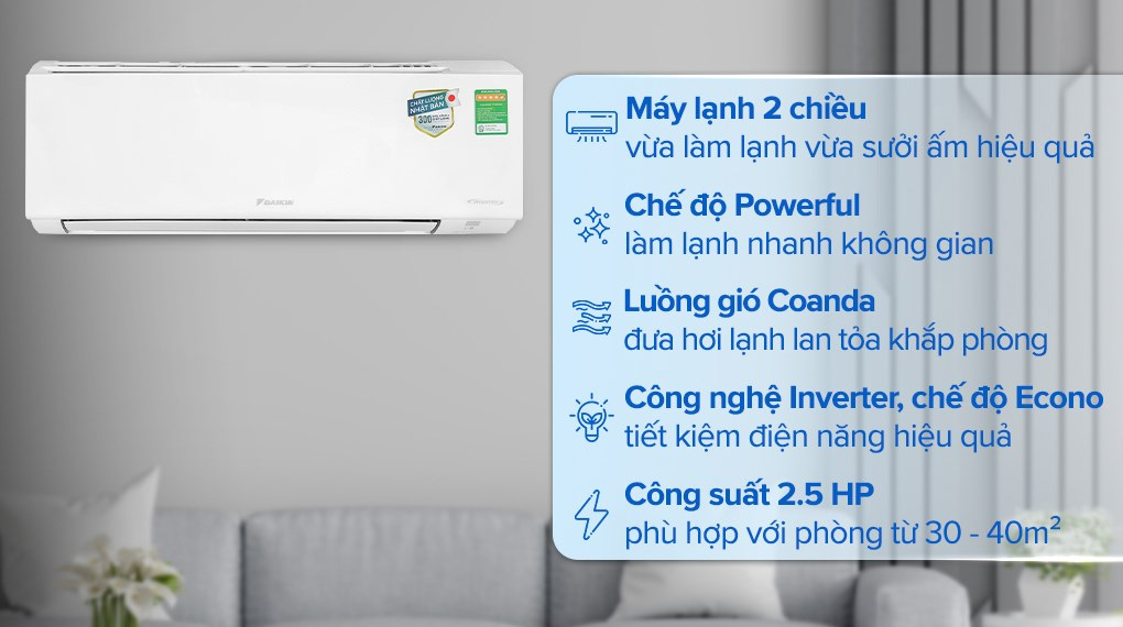 Máy lạnh 2 chiều Daikin Inverter 2.5 HP FTHF60VAVMV