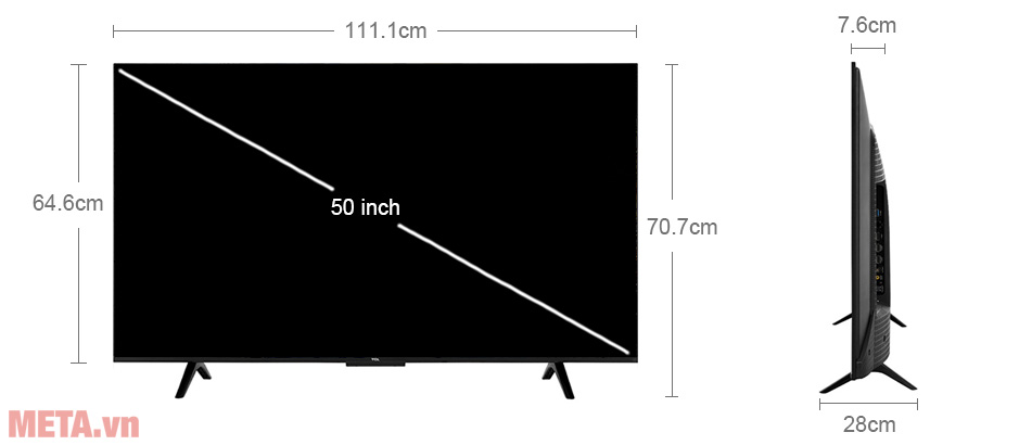 Kích thước tivi TCL 4K 50 inch 50P79B