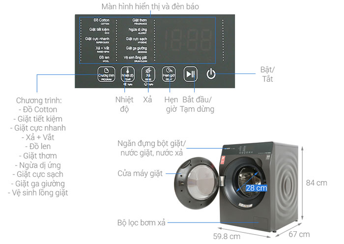 Cấu tạo của máy giặt Sharp Inverter 9,5kg ES-FK954SV-G