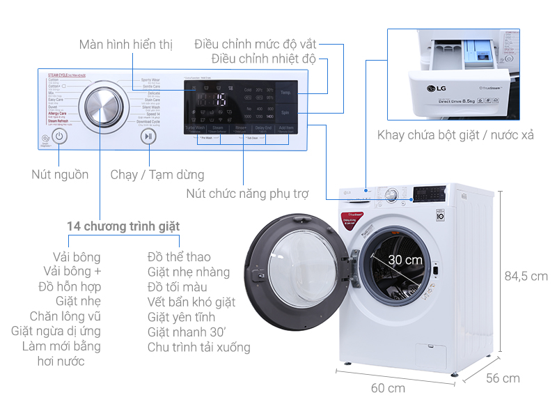 Tổng quan máy giặt lồng ngang LG 8,5kg  Inverter FC1485S2W