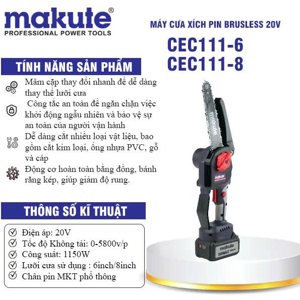 máy cưa xích mini 20V Makute CEC111-8-BL