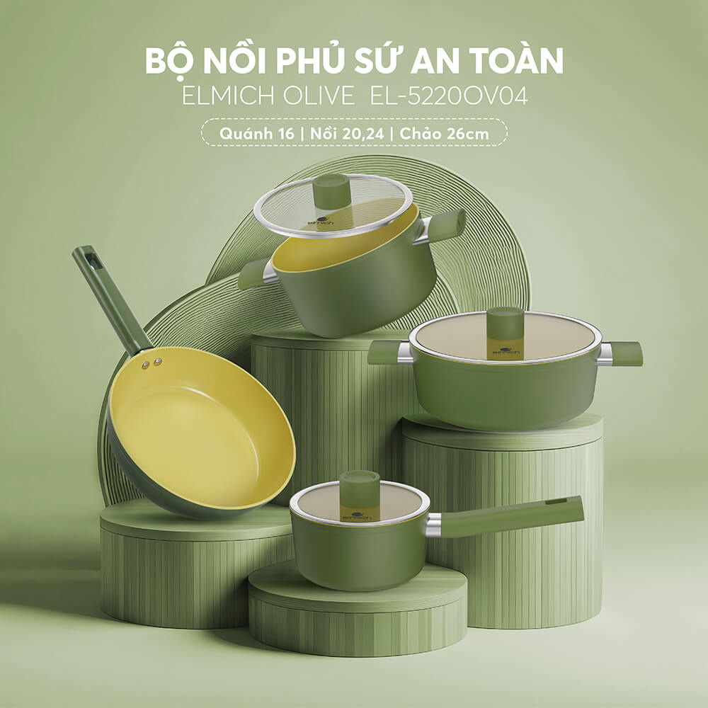 Bộ nồi phủ sứ an toàn Elmich Olive El-5220OV04