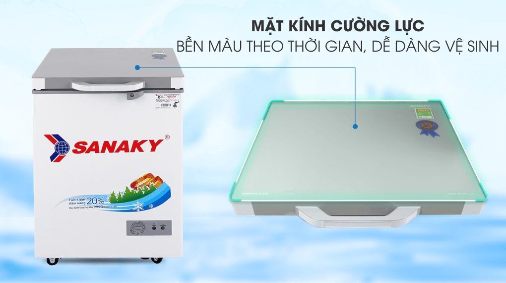 Tủ đông Sanaky 100 lít VH-1599HYK có mặt trên cửa tủ làm bằng kính cường lực