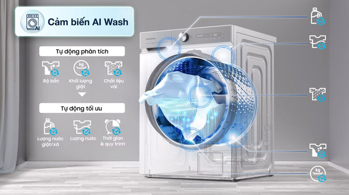 máy giặt lồng ngang Samsung WW12CB944DGBSV này còn được tích hợp công nghệ AI Wash