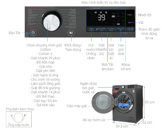Cấu tạo máy giặt LG Inverter FV1450S2B 10.5kg