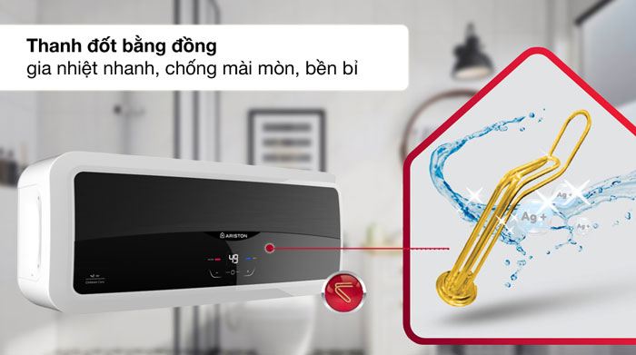 Ariston SL2 30 Lux - D Ag+ hoạt động với công suất 2.500W sử dụng thanh đốt bằng đồng