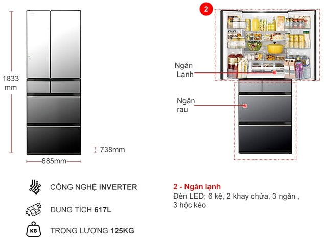 Tủ lạnh Hitachi Inverter 617 lít R-HW620RV X