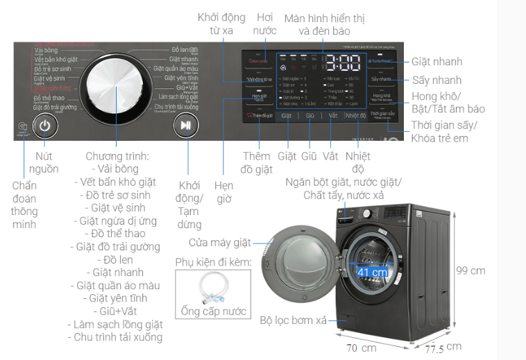 Cấu tạo của máy giặt sấy LG Inverter 21kg F2721HVRB 