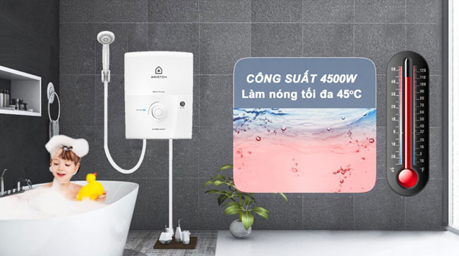 Bình nóng lạnh Ariston Aures Easy 4.5P sử dụng công nghệ làm nóng trực tiếp kết hợp với công suất mạnh mẽ 4.500W