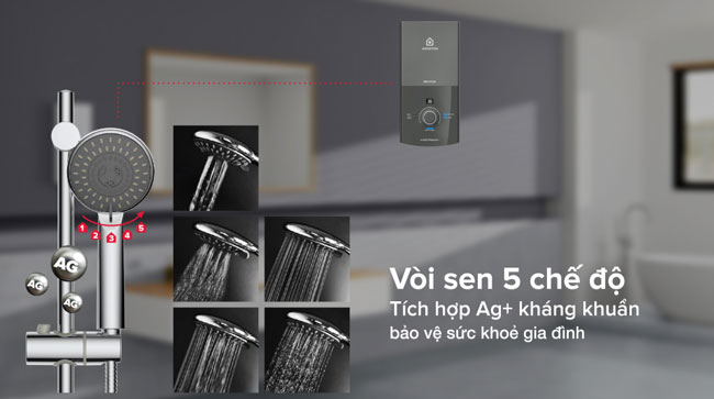 Ariston Aures Premium + 4.5P còn được tích hợp vòi sen có 5 chế độ phun