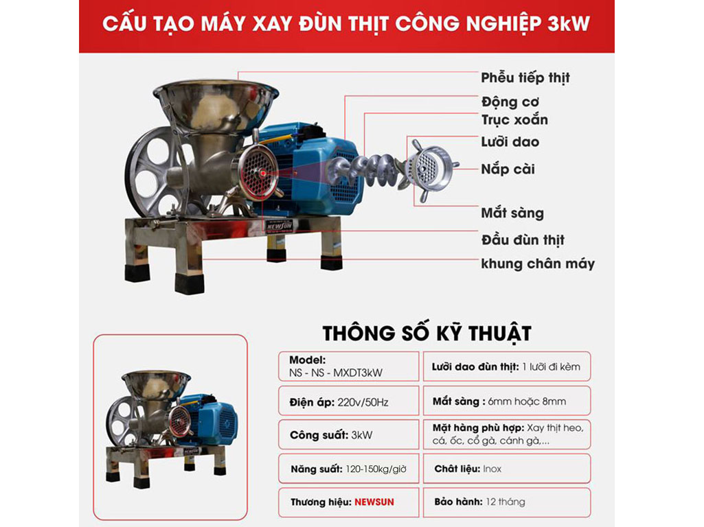 Máy xay đùn thịt inox NewSun 3kW