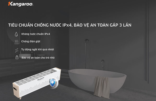 máy sưởi để bàn Kangaroo KGFH11 này đạt tiêu chuẩn IPX4 an toàn gấp 3 lần thiết bị sưởi khác