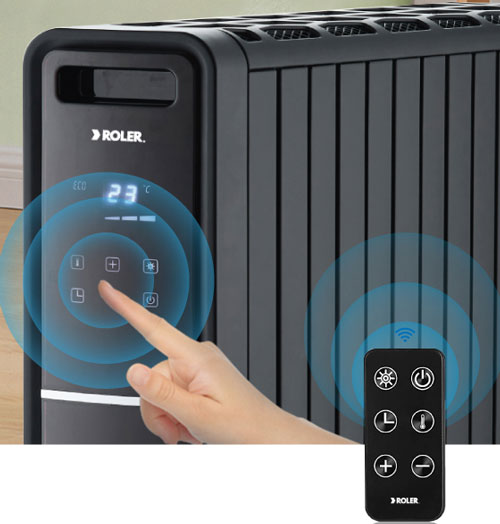 Máy sưởi đối lưu Roler RC-2116A có bảng điều khiển điện tử và remote từ xa tiện ích