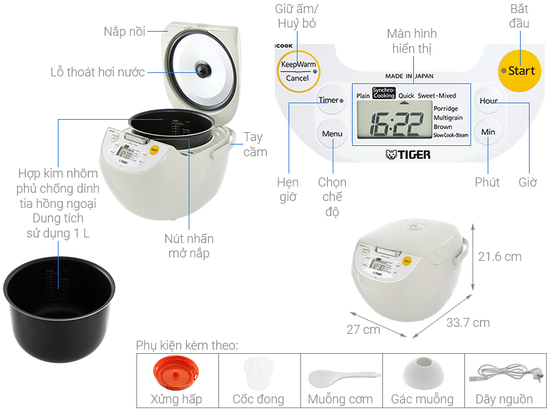 Tổng quan nồi cơm điện tử Tiger JBV-S10W 