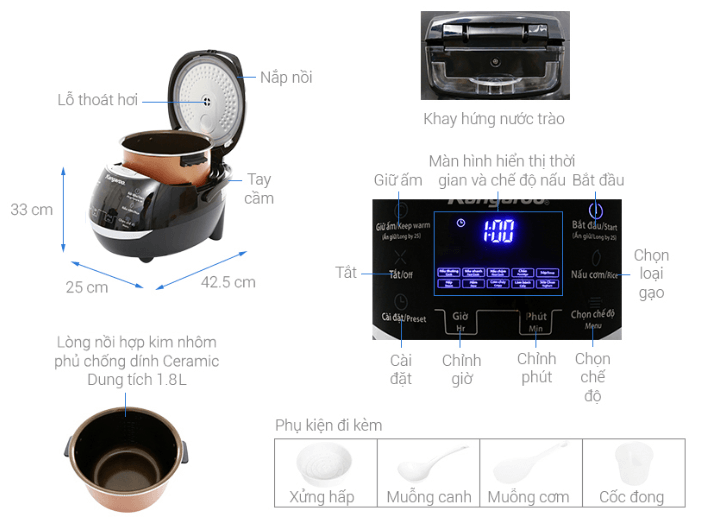 Cấu tạo nồi cơm điện tử 1,8 lít Kangaroo KG595 