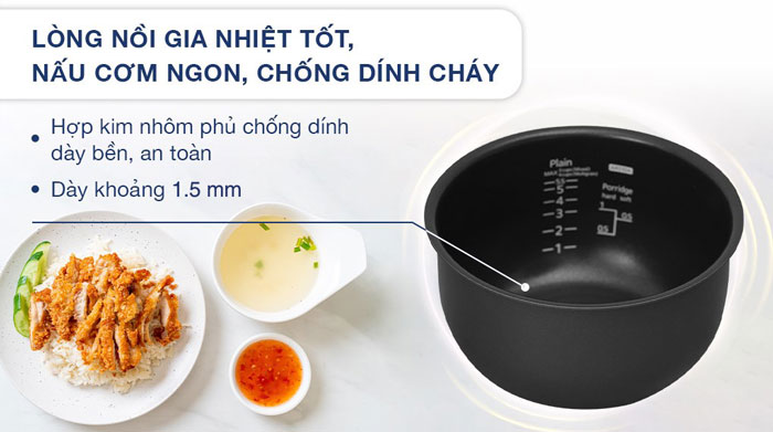 nồi cơm điện Tiger JAX-S10W có lòng nồi dày dặn được phủ chống dính cao cấp