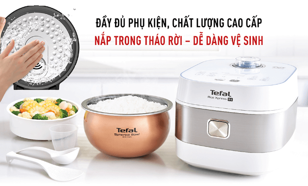 Nắp trong của nồi cơm điện tử Tefal RK762168 có thể tháo rời để tiện vệ sinh