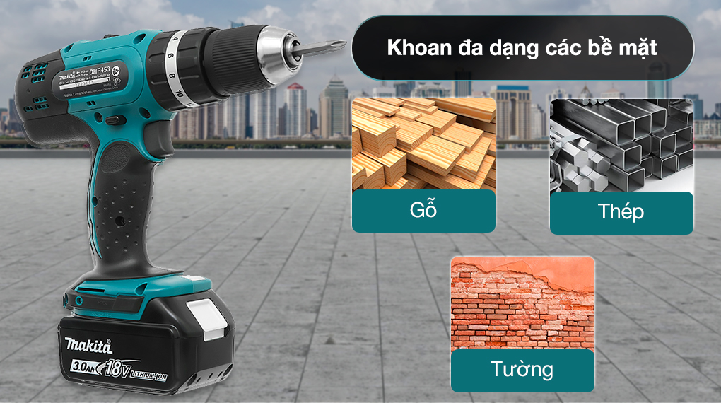 Makita DHP453SFX8 khoan đa dạng nhiều chất liệu