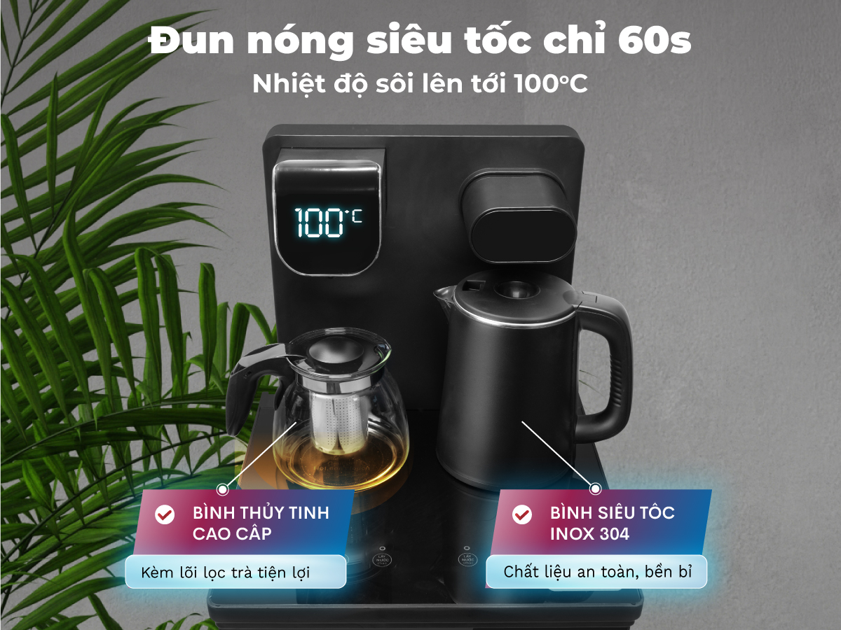 Cây nước nóng Fujihome TB110E-H tích hợp bếp giữ ấm và có 2 ấm kèm theo