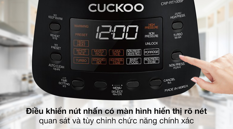 Nồi cơm áp suất điện tử Cuckoo CRP-RT1008F có bảng điều khiển dạng nút bấm