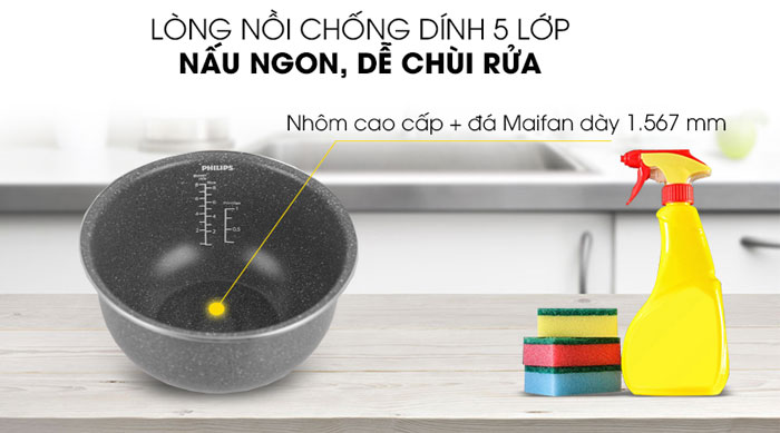 Lòng nồi cơm điện Philips HD4528/66 được làm từ chất liệu nhôm kết hợp đá Maifan dày 1,567mm