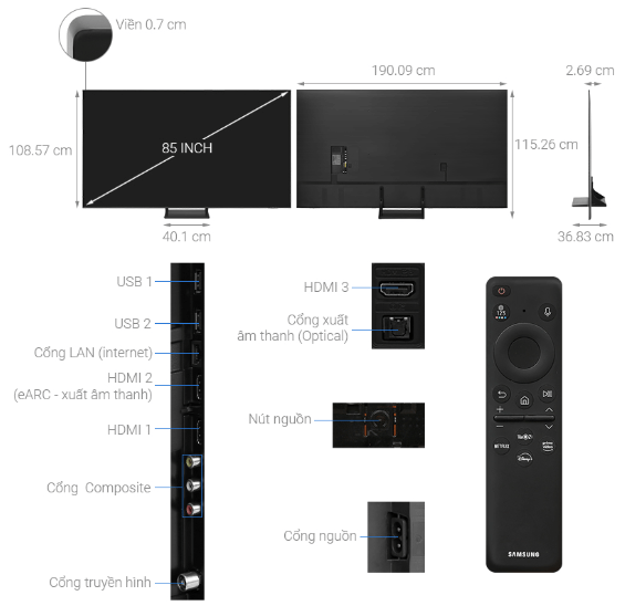 Cấu tạo Smart tivi QLED 4K 85 inch Samsung QA85Q60BAKXXV