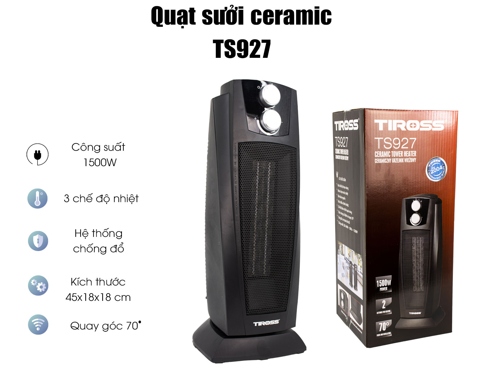 Quạt sưởi Ceramic 2 chiều Tiross TS927