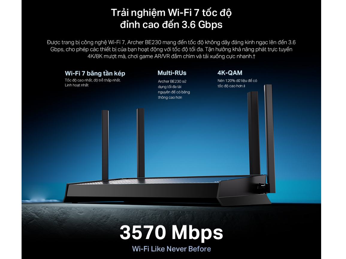 Router Wifi 7 băng tần kép BE3600 TP-Link Archer BE230