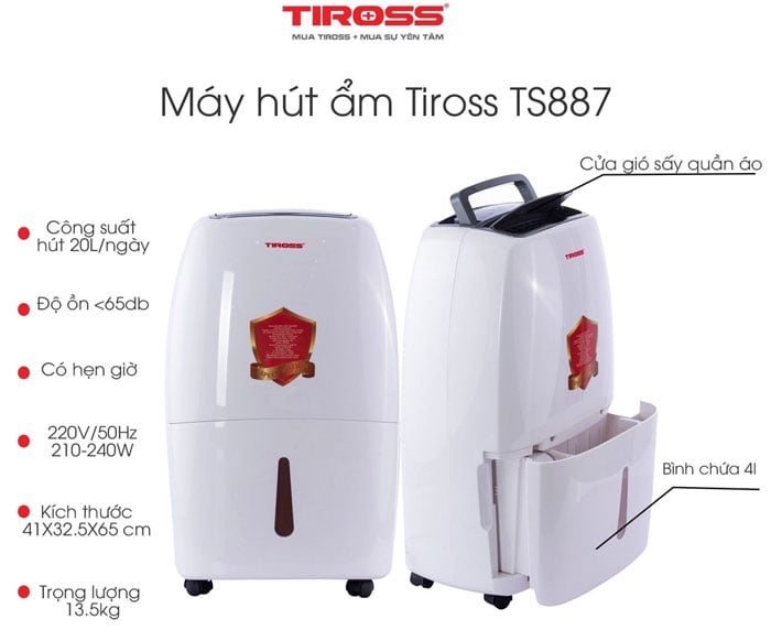 máy hút ẩm Tiross TS887 có thiết kế hiện đại, sang trọng