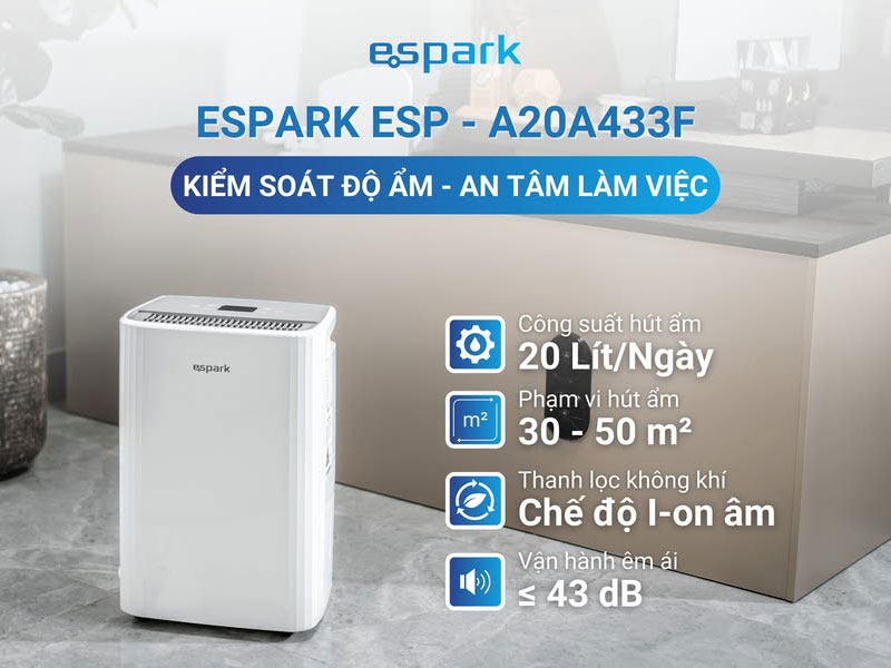 Máy hút ẩm kèm lọc không khí Espark ESP-A20A433F (20 lít/ngày, 50m2)