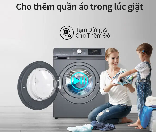 Máy giặt cửa trước Hisense Inverter WF90N1Y có chức năng thêm quần áo vào tiện lợi