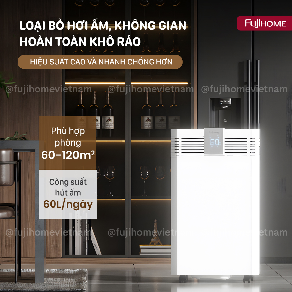 Máy hút ẩm công suất lớn Fujihome DH60W-HEPA có công suất cao, hút ẩm nhanh chóng