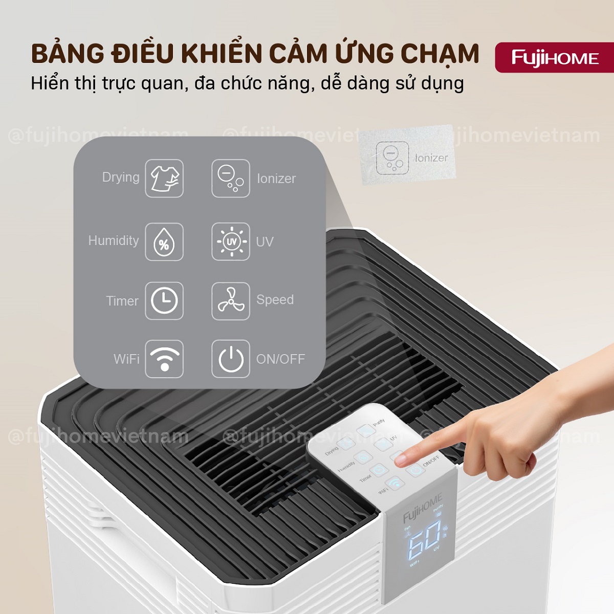 Máy hút ẩm Fujihome DH60W-HEPA có bảng điều khiển hiện đại