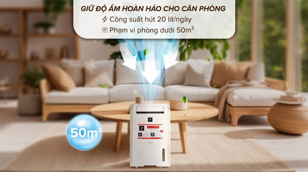 Máy hút ẩm Sharp DW-D20A-W vận hành với công suất mạnh mẽ, thích hợp dùng cho phòng 50m2
