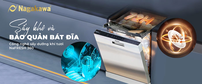 Máy rửa chén Nagakawa NK15D06M còn được ứng dụng công nghệ sấy dưỡng khí tươi NaFresh 360
