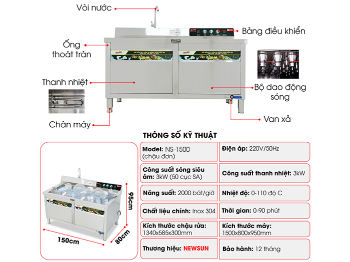 Máy rửa bát siêu âm chậu đơn NewSun NS-1500